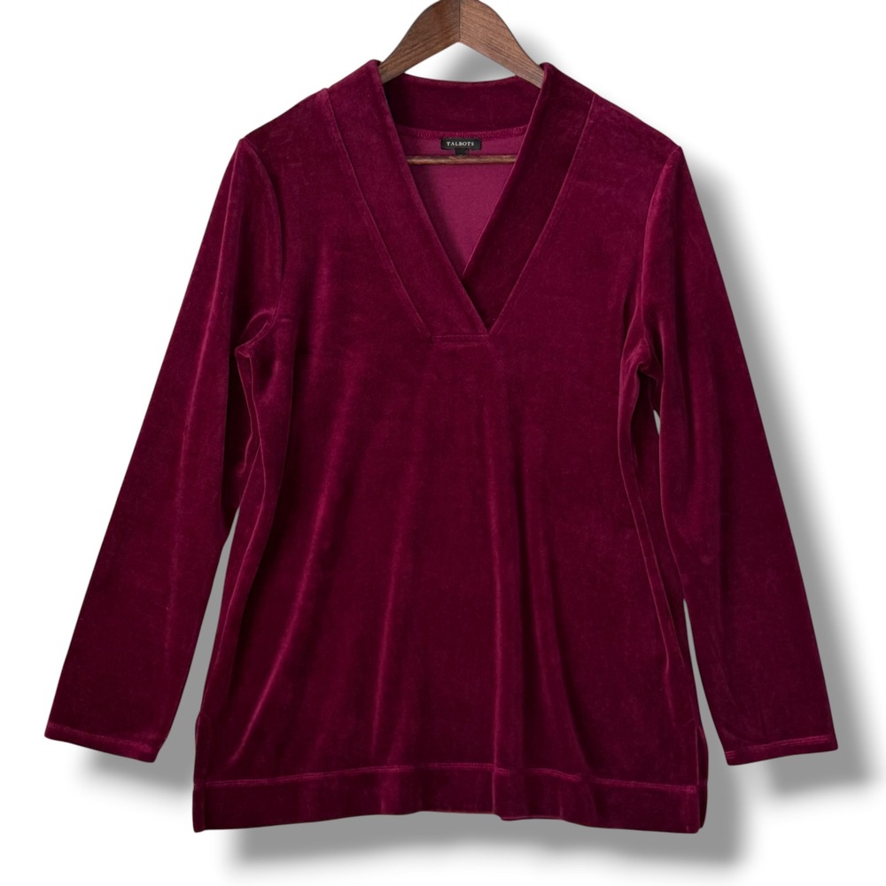 Talbots Velour Blouse Top M Burgundy Wine V-Neck Long Sleeve Velvet Holiday Soft